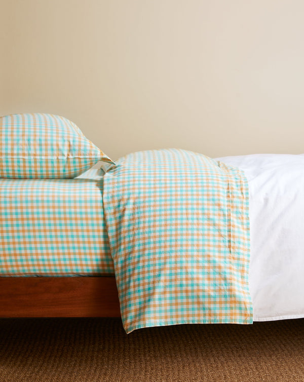 Turquoise & Flax Gingham Sheet Set