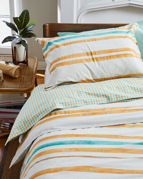 Turquoise & Flax Gingham Sheet Set